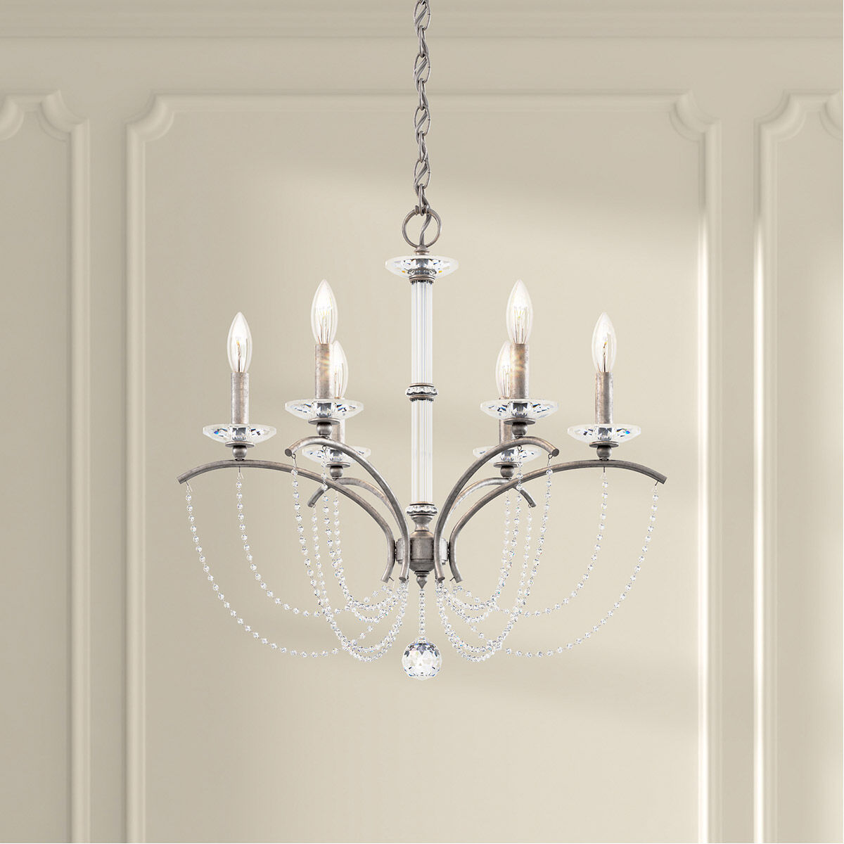 Priscilla 6 Light Antique Silver Chandelier Ceiling Light in Optic, Adjustable Height