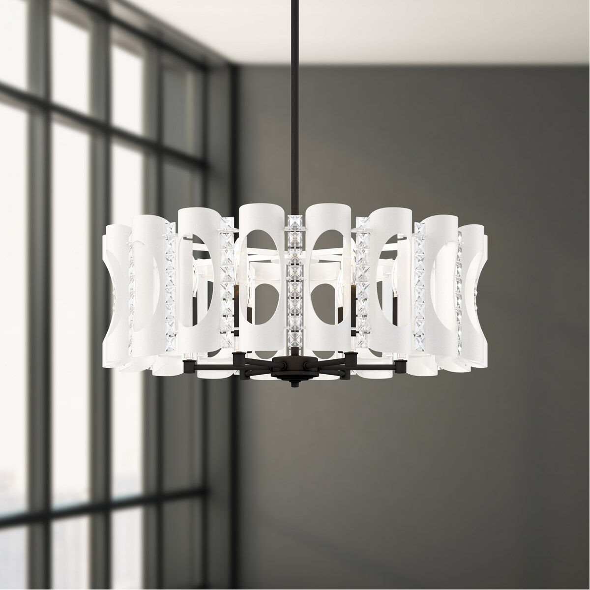 Twilight 6 Light White Pendant Ceiling Light in Optic, Adjustable Height