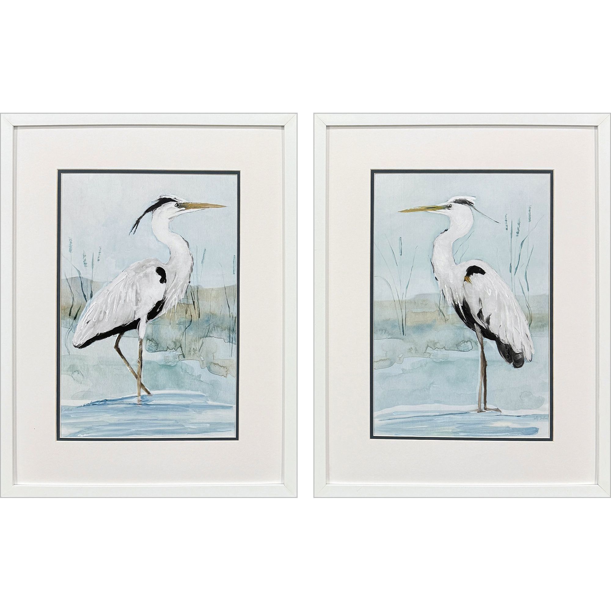 Heron on Blue Blue and White and Neutral and Multi Framed Art, Propac