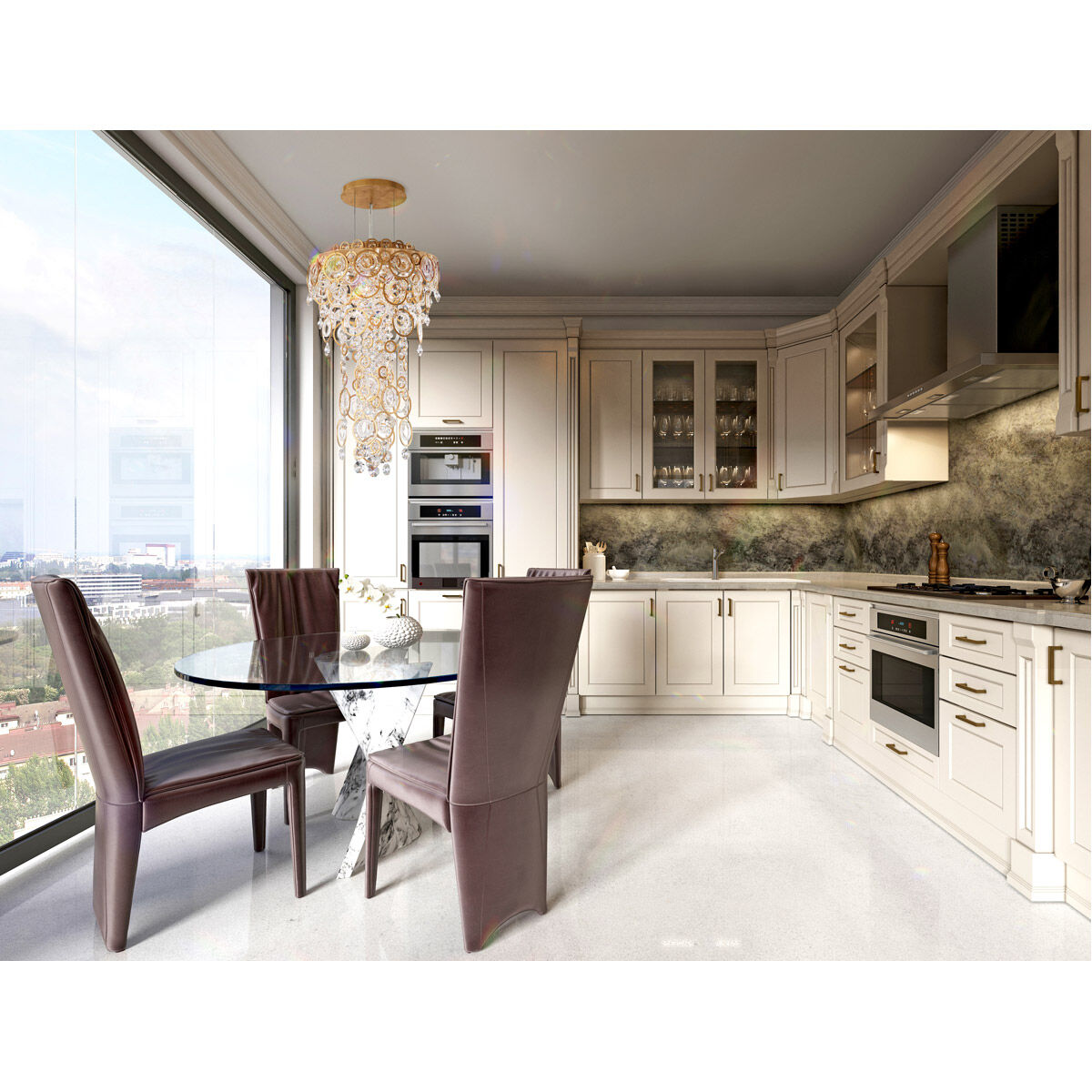 Circulus 4 Light Polished Stainless Steel Pendant Ceiling Light in Optic, Adjustable Height