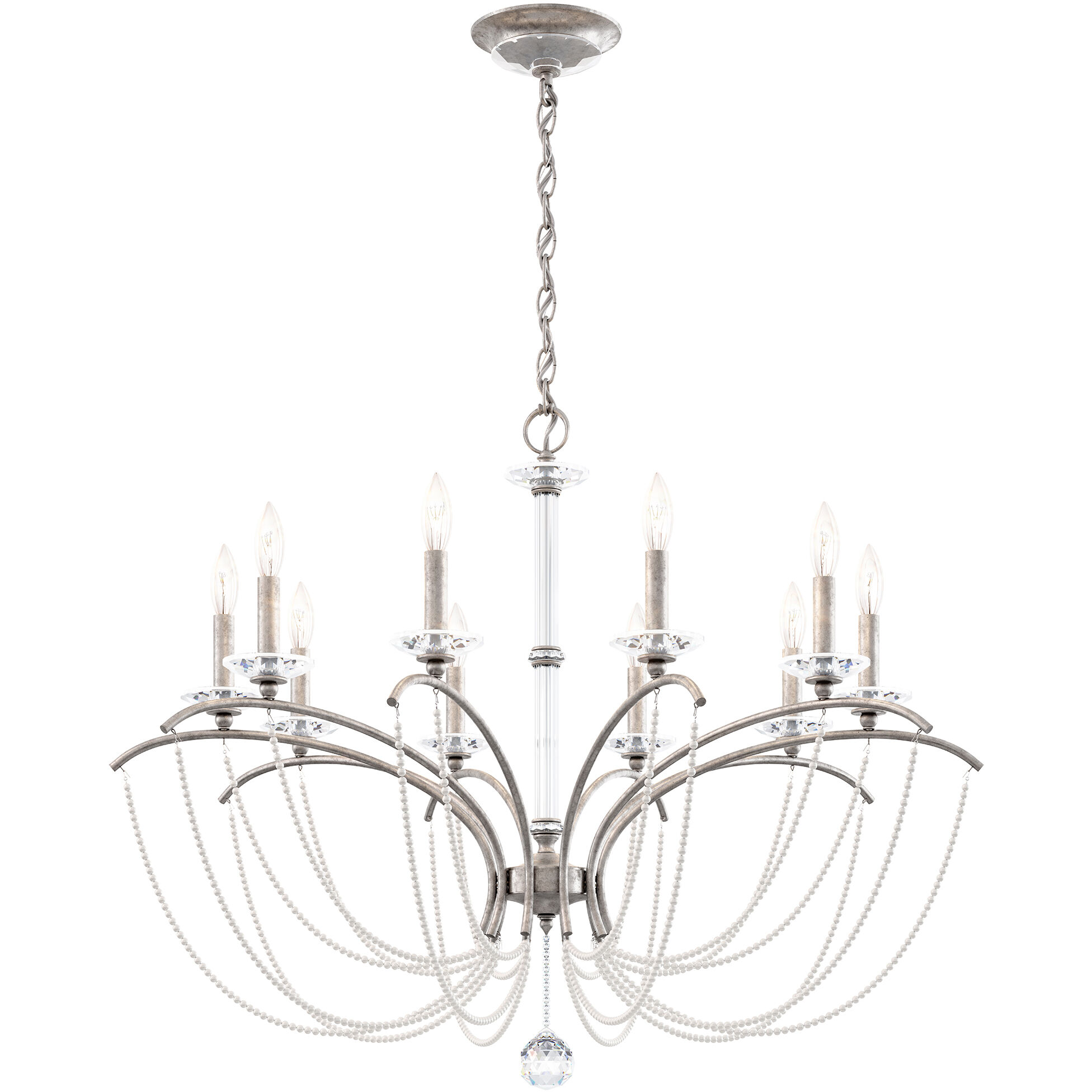 Priscilla 10 Light Antique Silver Chandelier Ceiling Light in White Pearl, Adjustable Height