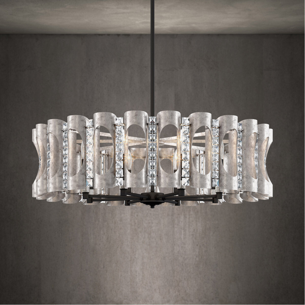 Twilight 8 Light Antique Silver Pendant Ceiling Light in Optic, Adjustable Height