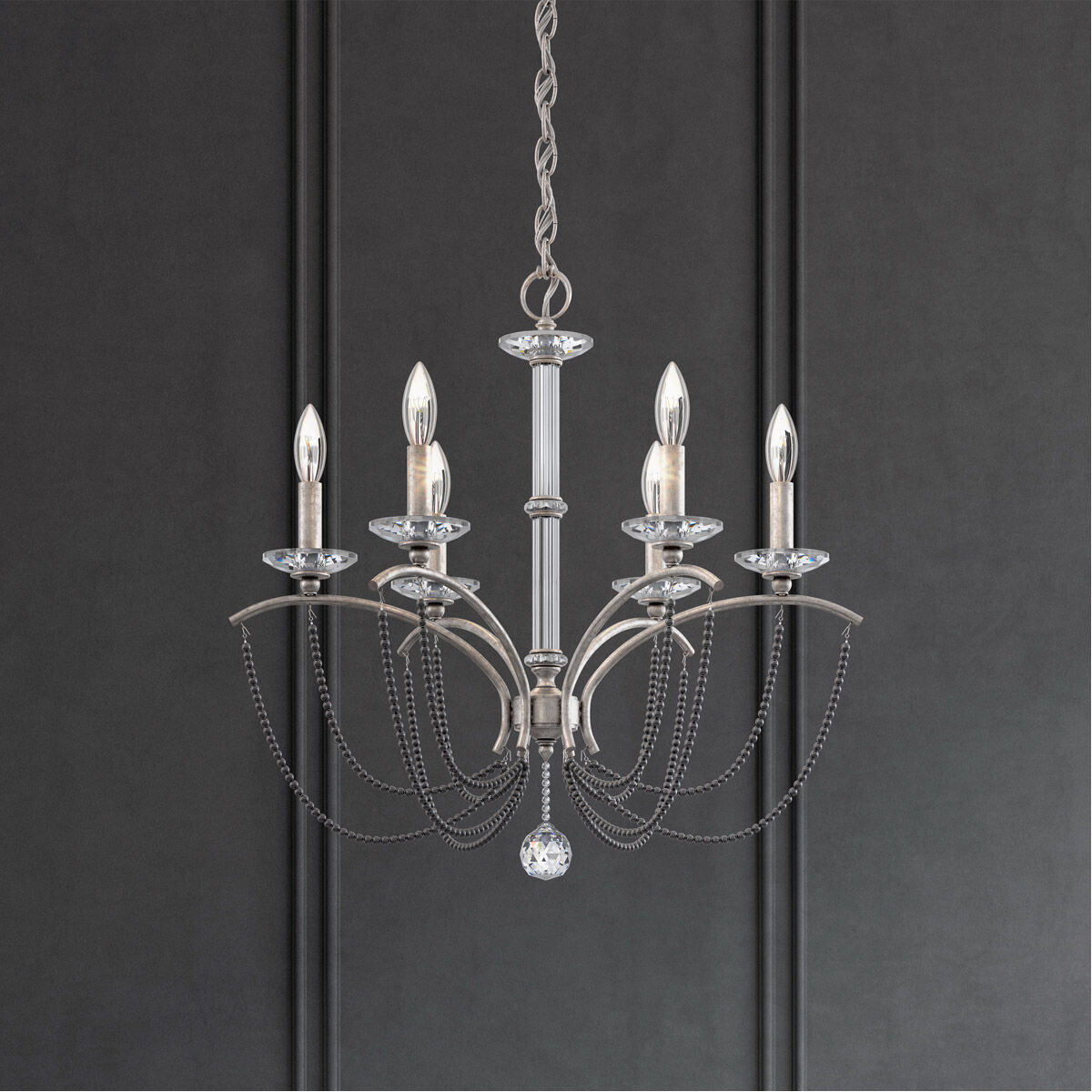 Priscilla 6 Light Antique Silver Chandelier Ceiling Light in Dark Grey Pearl, Adjustable Height
