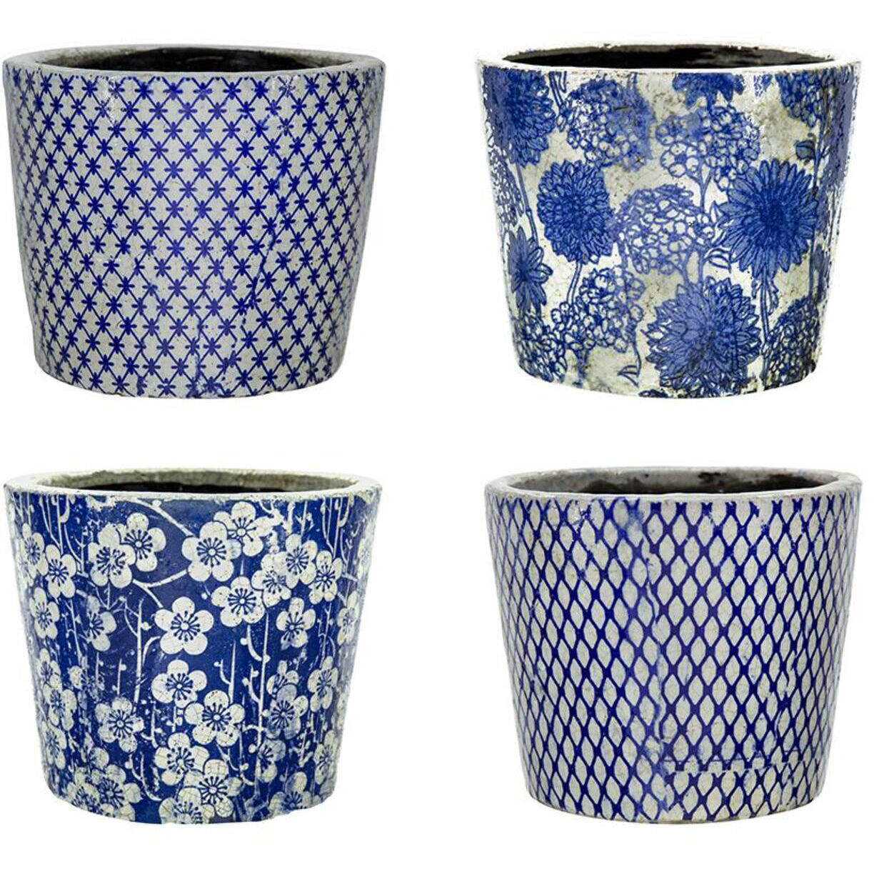 Terracotta Blue and White Outdoor Planter, Set of 4