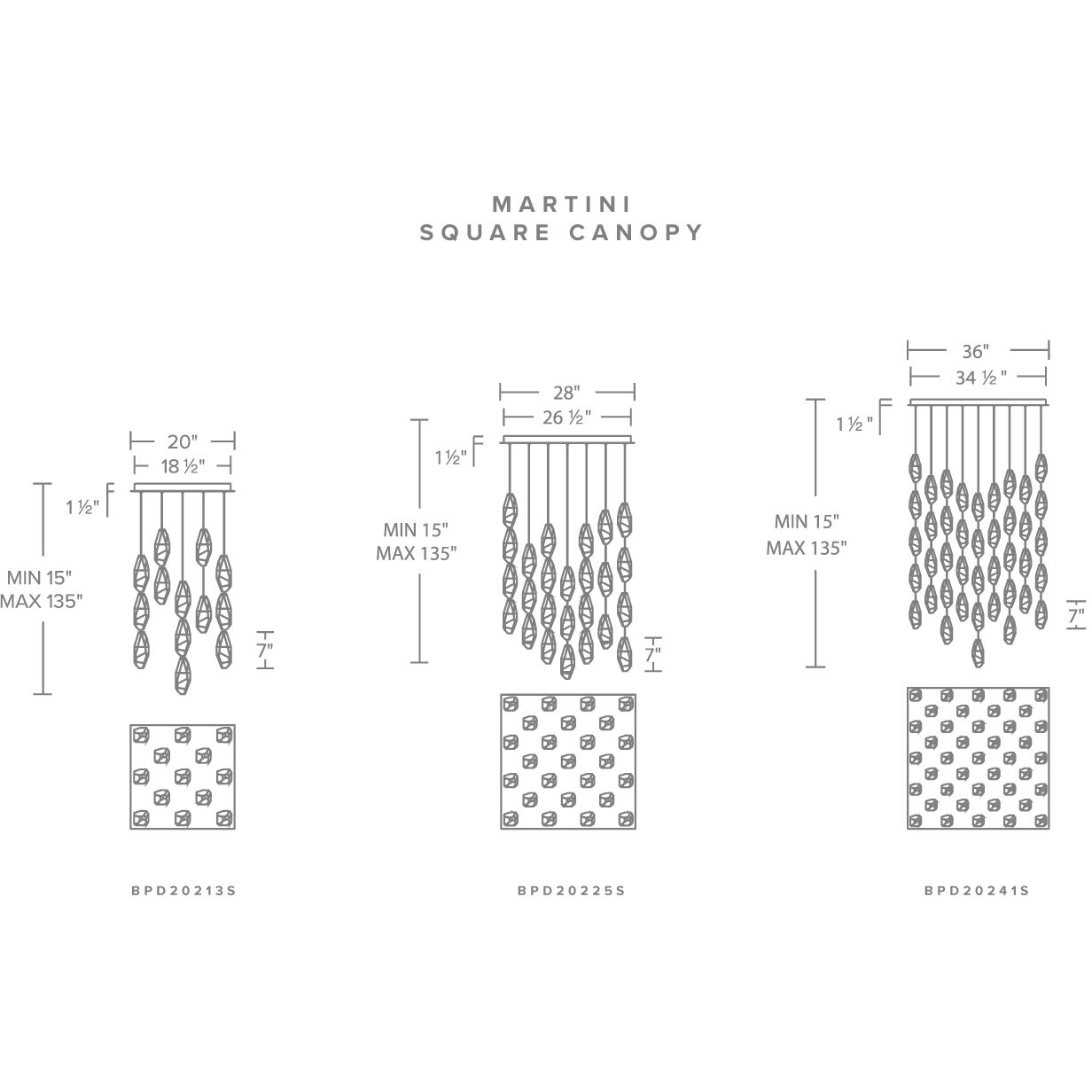 Beyond Martini LED 20 inch Black Multi-Light Pendant Ceiling Light in Optic, Square Canopy