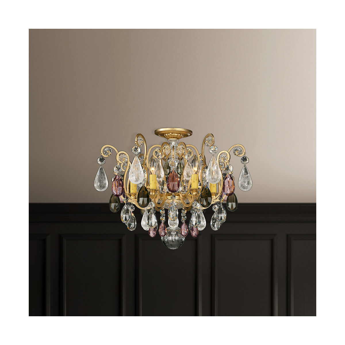 Renaissance Rock Crystal 6 Light 20 inch Heirloom Gold Semi-Flush Mount Ceiling Light in Rock Amethyst and Black Diamond