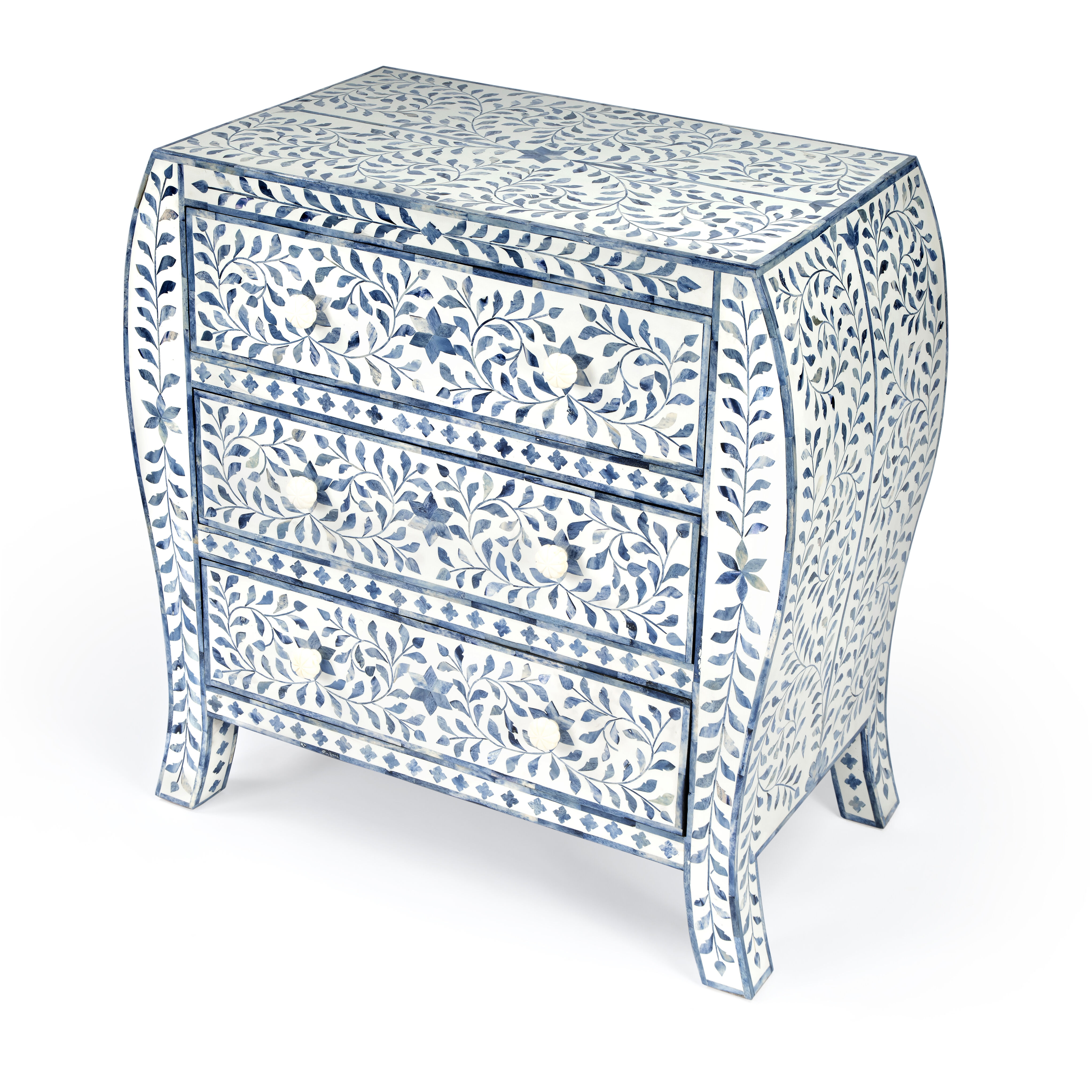 Trubadur and Bone Inlay 3 Drawer Chest in White and Blue