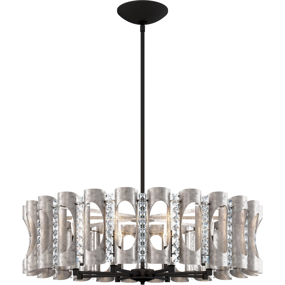 Twilight 8 Light Antique Silver Pendant Ceiling Light in Optic, Adjustable Height