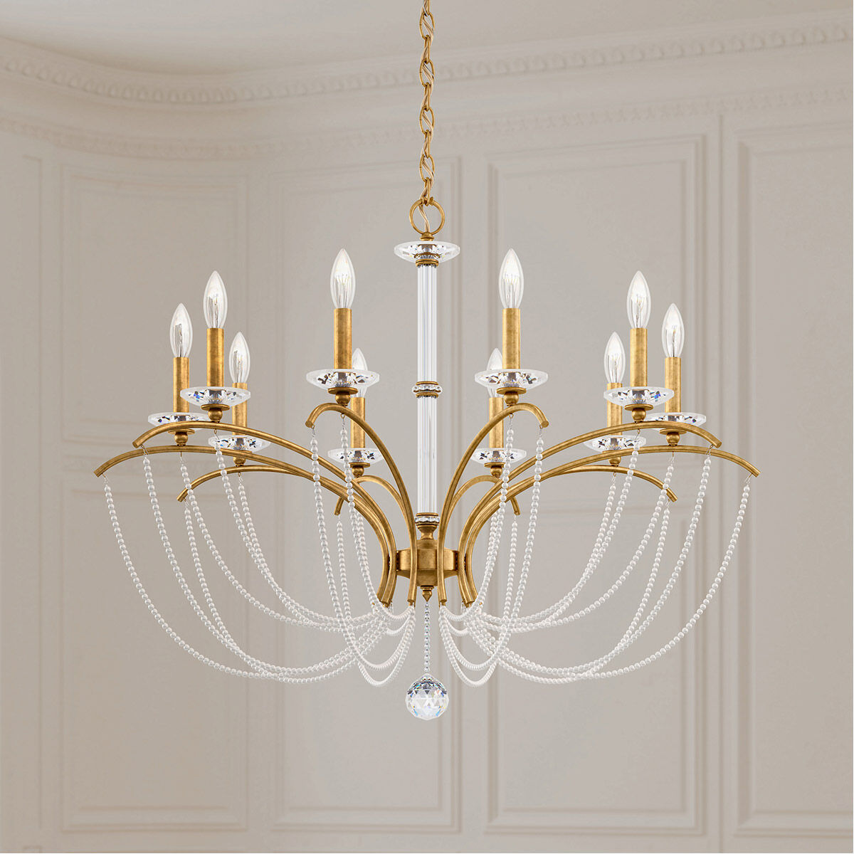 Priscilla 10 Light Heirloom Gold Chandelier Ceiling Light in White Pearl, Adjustable Height