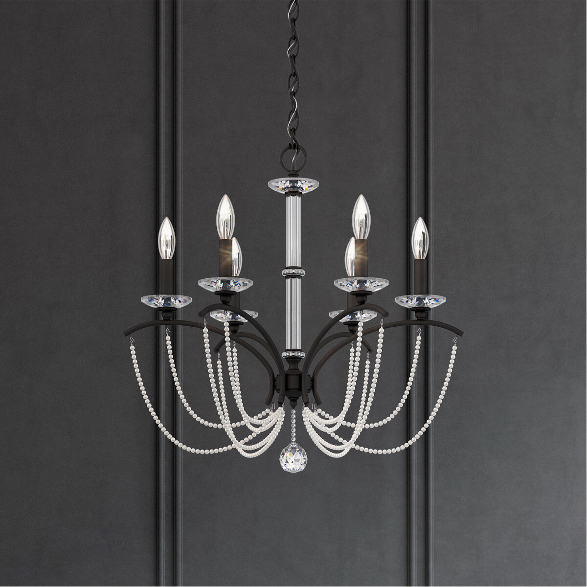 Priscilla 6 Light Black Chandelier Ceiling Light in White Pearl, Adjustable Height