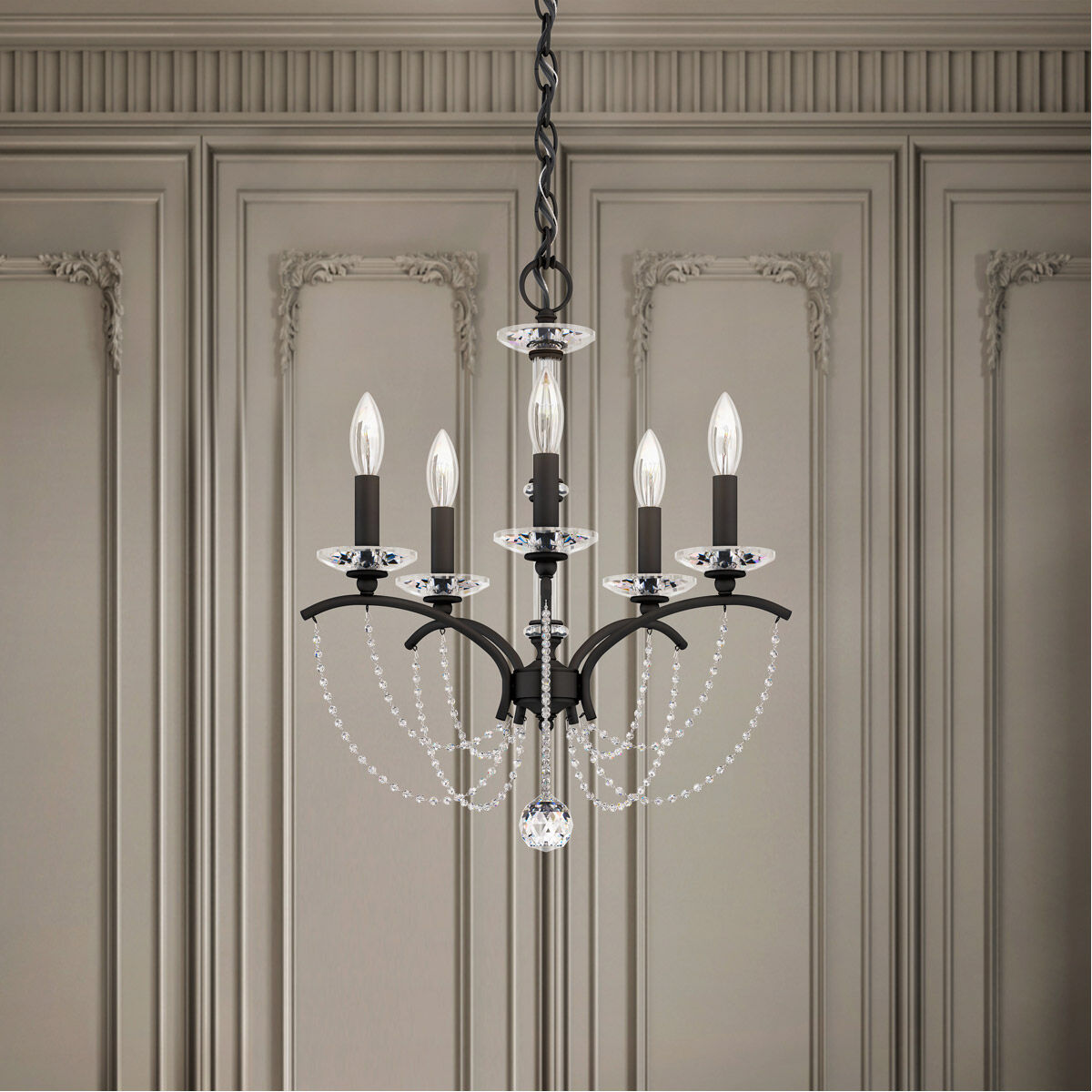 Priscilla 5 Light Black Chandelier Ceiling Light in Optic, Black Matte, Adjustable Height
