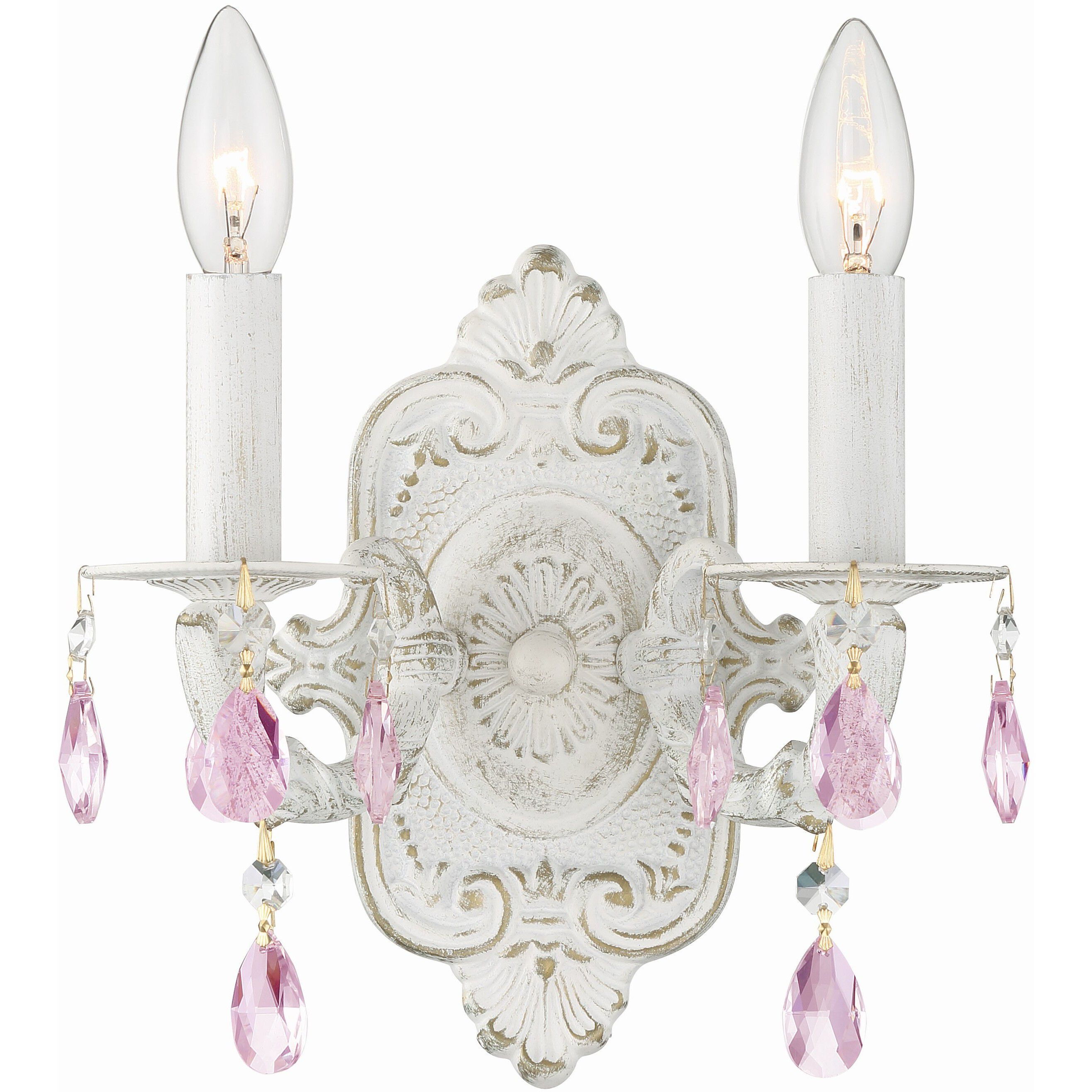 Paris Market Sconce Wall Light in Antique White, Rose Colored Hand Cut