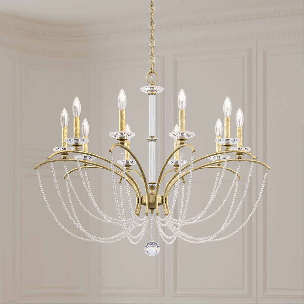 Priscilla 10 Light Heirloom Silver Chandelier Ceiling Light in White Pearl, Adjustable Height