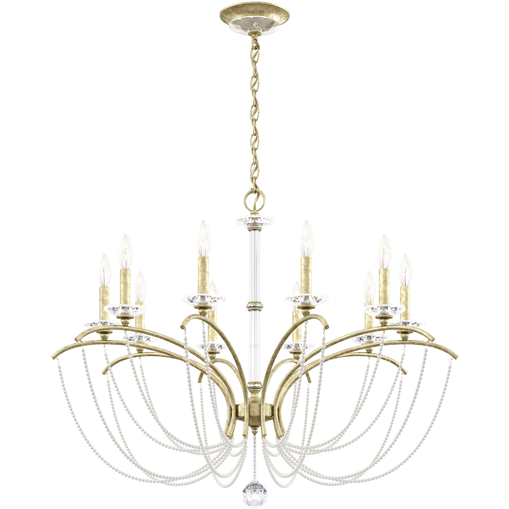 Priscilla 10 Light Heirloom Silver Chandelier Ceiling Light in White Pearl, Adjustable Height